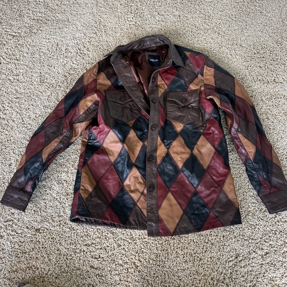 Multicolor Diamond Pattern Genuine Leather Jacket